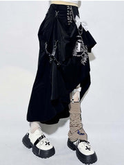 Punk Black Pin Chain Asymmetrical Hem Kitty Print Detachable Bow Skirt