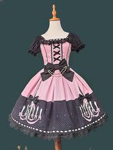Pink & Black Polka Dot Sweet Lolita Dress with Chandelier Print and Lace Trim