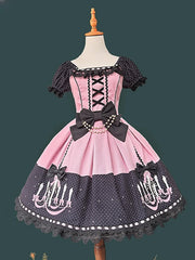 Pink & Black Polka Dot Sweet Lolita Dress with Chandelier Print and Lace Trim