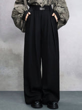 Black Chinese Style Wide Leg Pants - Metal Plate Embellishments, Slant Pockets & Partial Elastic Waist
