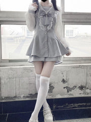 Fresh Light Blue Sailor Set: Jirai Kei Mesh-Sleeve Mini Dress with Shorts and Detachable Bow