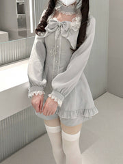 Jirai Kei Gray Long Sleeve Full Set : Lace-Trimmed Square Neck Top & Shorts with Detachable Bow Tie and Choker