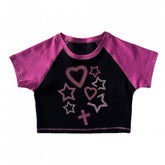 Stars and Sweethearts Print Black and Pink Cropped T-shirt
