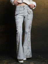 Vintage Light Gray Punk Flared Pants with Plaid Accents & Rhinestone Detail