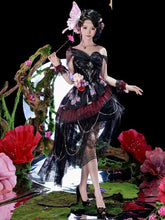 Black Lace Butterfly Print Off-the-shoulder Lolita Dress with Purple Flower Accents and Draped Chains