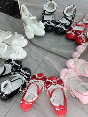 White Sweet Lolita Mid-heel Shoes with Lace Trim and Bow Accents