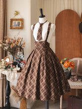 Vintage Preppy Style Brown High Waist Plaid Overall Skirt with Tonal Tie