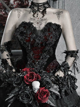 V-neck Vampire Velvet Corset with Organza Flowers and Black Beads