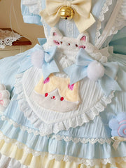 Light Blue Kitty-themed Sailor Collar Sweet Maid Lolita Dress with Heart Apron