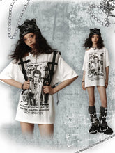 Punk White Asymmetrical Cutout Shoulder Graphic T-shirt