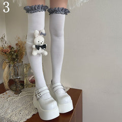 White Overknee Stockings with Black and White Plaided Ruffle Trim/Plush Rabbit Leg Loop