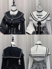 Jirai Kei Sailor Collar Long Sleeves Blouse Black/White Cutout Shoulder with Free Choker