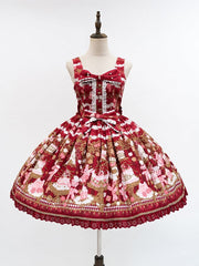 Red Cake and Bear Print Sweet Lolita JSK Dress with Lace Trim and Bow Details