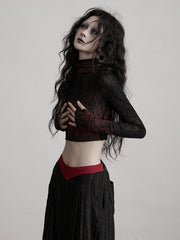 Urban Goth Black & Red Gradient Lace Knitted Long-Sleeve Top Short Version