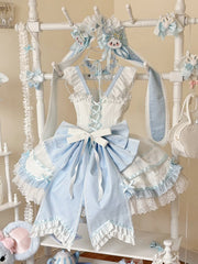 Blue Corset Waist Rabbit-Themed Polka Dots Dress Sweet Lolita JSK / Full Set