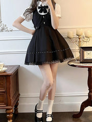 Jirai Kei Set - White Puff Sleeves Blouse + Black Cross Lace Trim Overall Dress