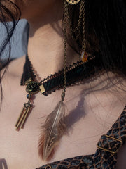 Steampunk Black Lace Dark Green Choker with Tassels