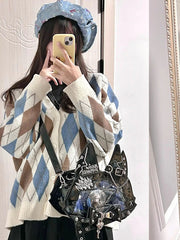 Punk Cat Polished Black PU Tote Ita Bag with Chain and Studs and a Free Card Holder