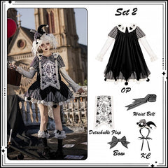 Black Stripes Clowncore Lolita Dress Set - Juliette Sleeves OP + Detachable Printed Panel + Bow + KC + Waist Belt