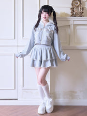 Sweet Sporty Jirai Kei Set: Gray Hoodie with White Lace Details/ Layered Skirt/ Elastic Waist Pants