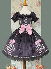 Black Suede Polka Dot Sweet Lolita Dress with Chandelier Print and Pink Bows