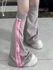 Gray Leg Warmers with Gothic Pink Text Stripe Detail & Cross Print
