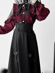 Wine Red Jirai Kei Beaded And Rhinestone Decorated Bowknot Details Ruffles Trim Blouse