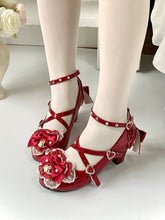 Wine Red Sweet Lolita High Block Heels in PU Leather - Crisscross Straps, Bow And Lace at Top & Rhinestone Heart Buckles