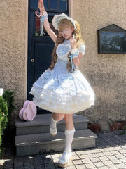 Blue & White Heart Polka Dot Sweetheart Applique Sweet Lolita Dress with Bow Accents