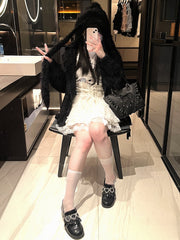 Jirai Kei Black Lace-up Detail Landmine Style Rabbit Ears Hooded Cardigan