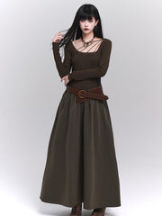 Vintage Coffee A-Line Maxi Dress with Metallic Eyelets & Side Pockets