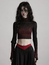 Urban Goth Black & Red Gradient Lace Knitted Long-Sleeve Top Short Version
