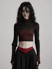 Urban Goth Black & Red Gradient Lace Knitted Long-Sleeve Top Short Version