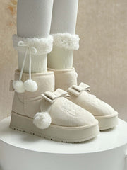 White Sweet Lolita Platform Snow Boots - Pompom Accented Bow with Kitten Embroidery & Plush Lining