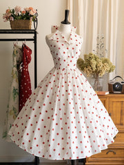 Retro Fashion Polka Dots Pattern Print Backless Dress Big Bow Back Halter Neck