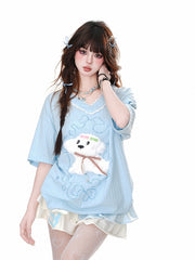 Yume Kawaii Adorable Puppy Pattern White/Blue Loose T-Shirt