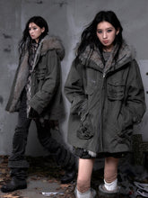 Heavy-Duty Dark Green Punk Fuzzy Hood Coat with Diagonal Straps & 3D Pockets