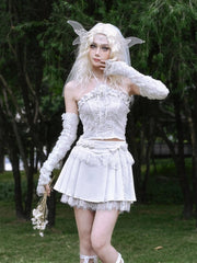 White Lace Raw Hem Fairy Goth Pleated Skirt