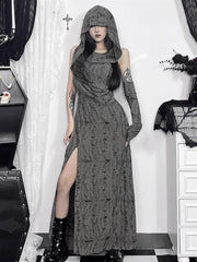 Wasteland Punk Gray Hooded Distressed Hole Sleeveless Dress with Thigh-High Slit & Arm Sleeve
