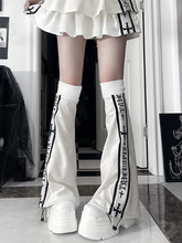 White Leg Warmers with Black Gothic Cross & Font Stripe