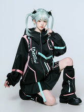 Pink & Green Gradient Techwear Jacket - Anime Cyberpunk Hoodie with Utility Straps for Gamers