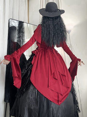 Wine Red Gothic Lolita Cascading Ruffle Tail Shirt + Black Boned High Waist Skirt