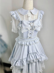 Pure & Polished Jirai Kei Full Set: Light Blue Jumper Skirt with Intricate Beadwork, Lace Top & Sleeves