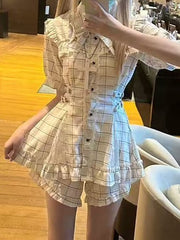 White Plaid Illusion Set: Jirai Kei Dress & Shorts with Lace Panels and Buckle Strap Waist