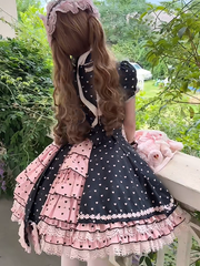 Black & Pink Heart Polka Dot Sweetheart Applique Sweet Lolita Dress with Bow Accents