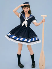 Dark Blue Summer Sailor Lolita Dress Embroidery Sailor Collar One Piece