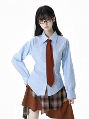 Light Blue Stripes Asymmetrical Hem Preppy Shirt with Free Tie