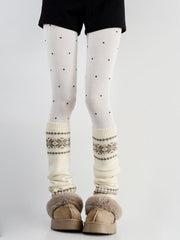 White Tones Layering Set - A Pair of White Polka Dot Tights + A Pair of Creamy White Knitted Leg Warmers