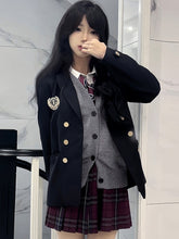Dark Blue Preppy Style Badge Decorated JK Uniform Blazer