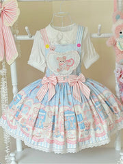 Teddy and Bunny Plush Toy Print Blue Sweet Lolita Overall Dress